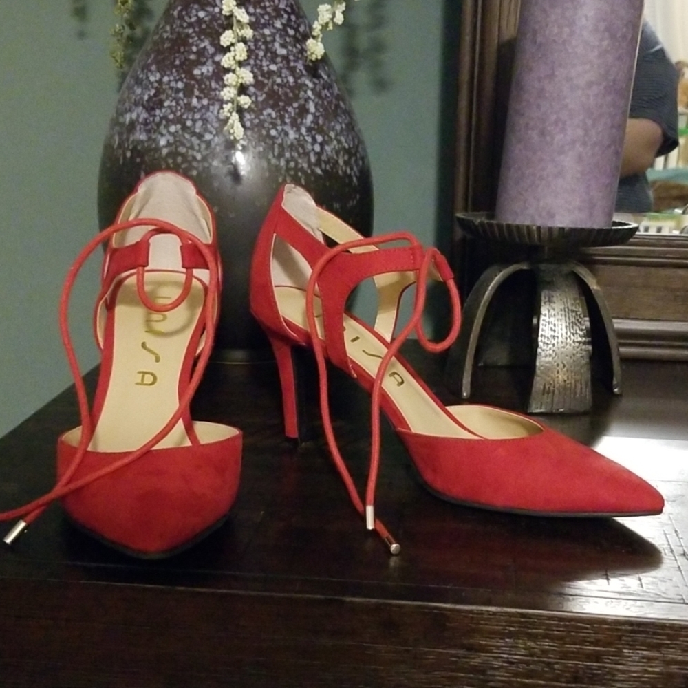 Red suede tie heels